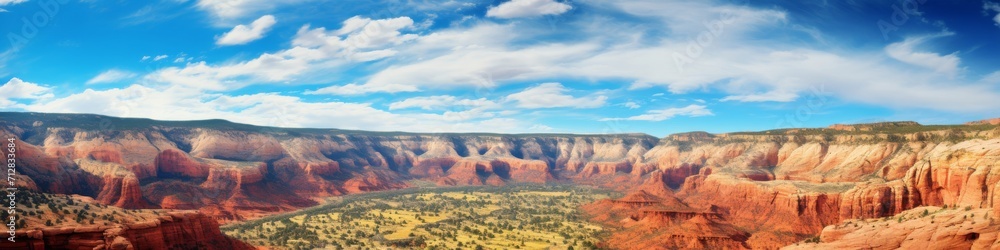 A dramatic canyon panorama,  where deep red rock formations contrast against a vibrant,  azure sky