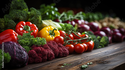 A beautiful array of organic vegetables, including red cabbage and cherry tomatoes, are artfully arranged on a wooden surface. 