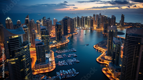 beautiful scene of Dubai with general view of Dubai marina at twilight from the top photo