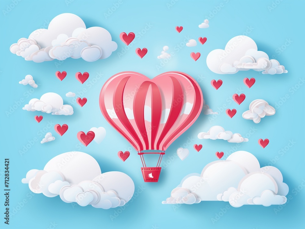 Paper hearts, clouds, flying hot air balloon Paper hearts, clouds, flying hot air balloon