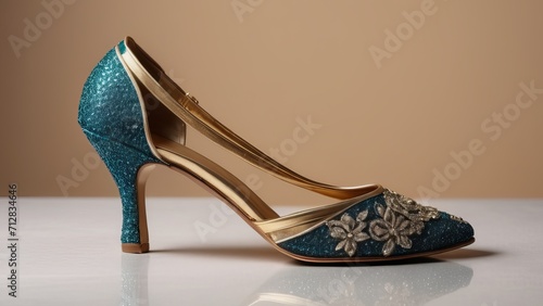 Elegant Teal Glitter High Heel Shoe with Gold Accents and Floral Embellishments on White Surface with Beige Background