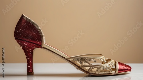 Elegant Red Glitter and Gold Patterned High Heel Shoe on Neutral Background
