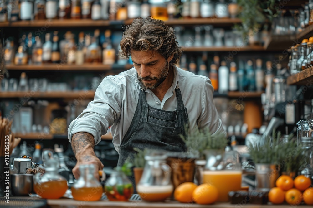 A handsome male bartender serves various cocktails at the bar. The concept of rest and weekends A handsome male bartender serves various cocktails at the bar. The concept of rest and weekends