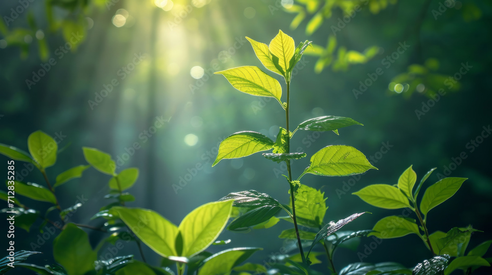 Obraz premium Beautiful view on a sunny day in the forest. Green branches and dense forest.