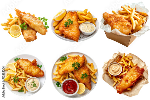 Fish and chips collection in 3d png transparent for product presentation. Created using generative AI.