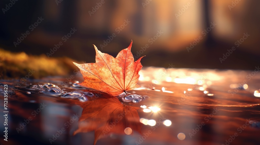 Autumn Radiance A Maple Leaf Amidst Sparkling Droplets at Dusk