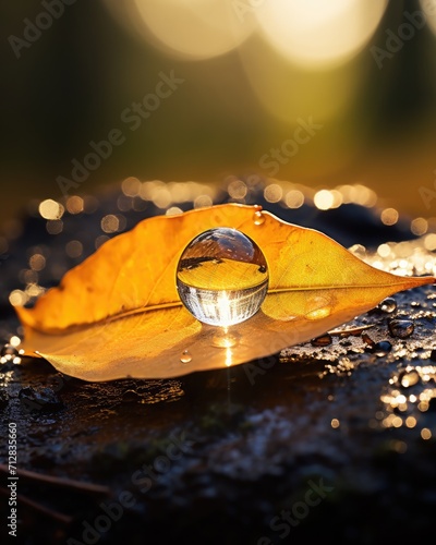 Water Droplets Adorning a Golden Leaf