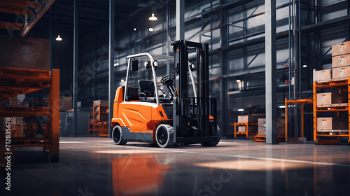 modern orange forklift in warehouse, industrial concept photo