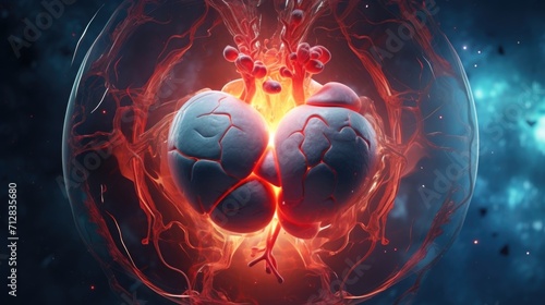 A detailed visual representation of a human embryos beating heart, depicted in a poignant pattern against a backdrop that embodies the miraculousness and mystery of the beginning of life. © Justlight