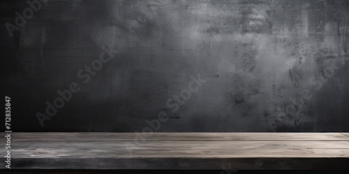 Dark room with blurred concrete block wall, old wooden table.