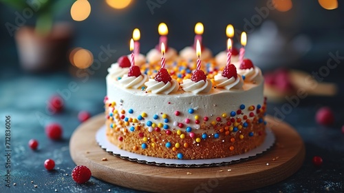 Celebration birthday cake with colorful sprinkles and twenty one colorful birthday candles