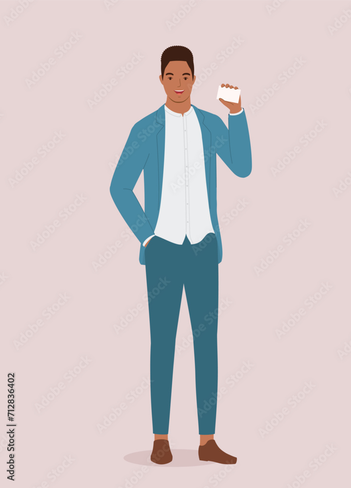 One Smiling Black Businessman Holding A Small White Empty Card At His Neck Level. Full Length.