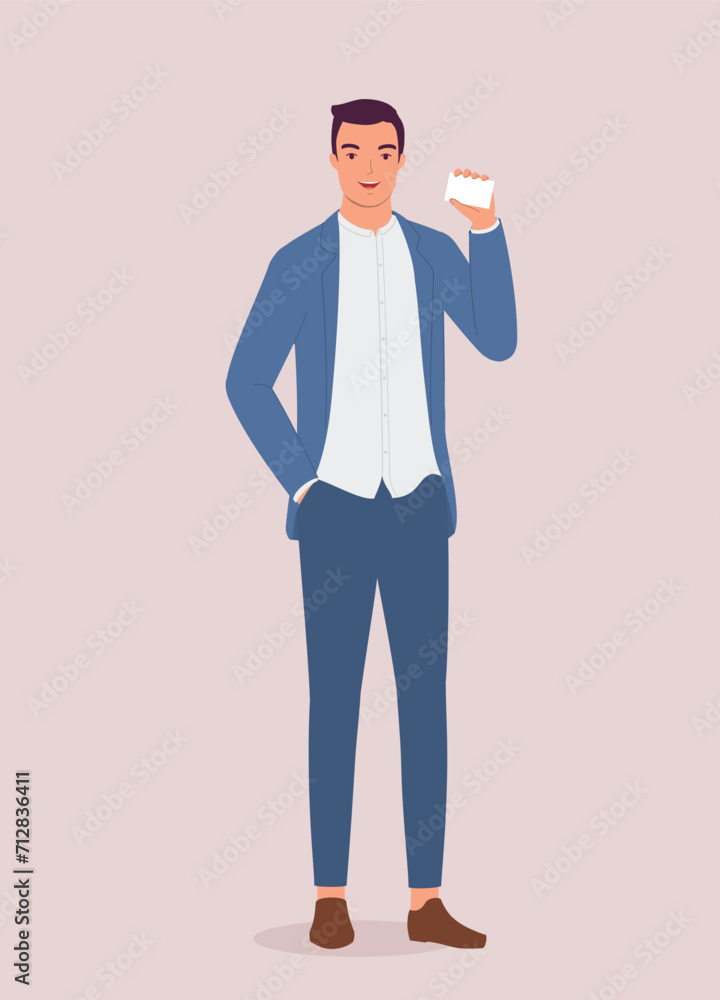 One Smiling Businessman Holding A Small White Empty Card At His Neck Level. Full Length. One Smiling Businessman Holding A Small White Empty Card At His Neck Level. Full Length.