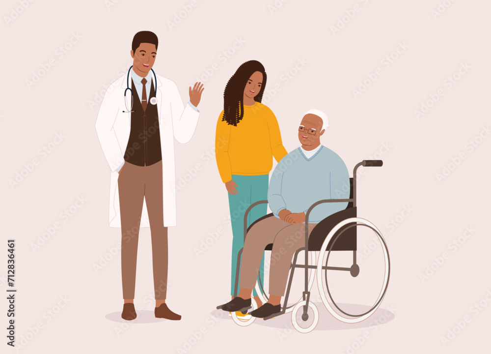 Obraz premium Friendly Black Male Doctor In Lab Coat And Stethoscope Waving Hello To The Senior Man In Wheelchair And Her Teenage Granddaughter. Full Length.