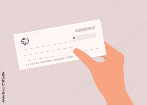 A Person’s Hand Holding A Blank Empty Cheque. Close-Up. Flat Design.