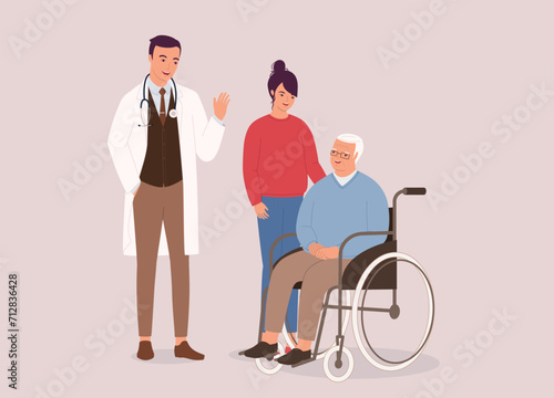 Friendly Male Doctor In Lab Coat And Stethoscope Waving Hello To The Senior Man In Wheelchair And Her Teenage Granddaughter. Full Length.