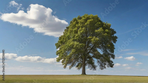 A clean and big Lonely tree  on a field against a blue sky