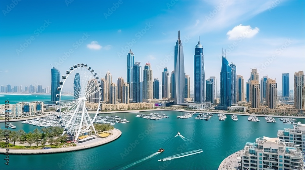 Fototapeta premium panoramic aerial view of Dubai Marina skyline with Dubai Eye ferris wheel with clear blue sky