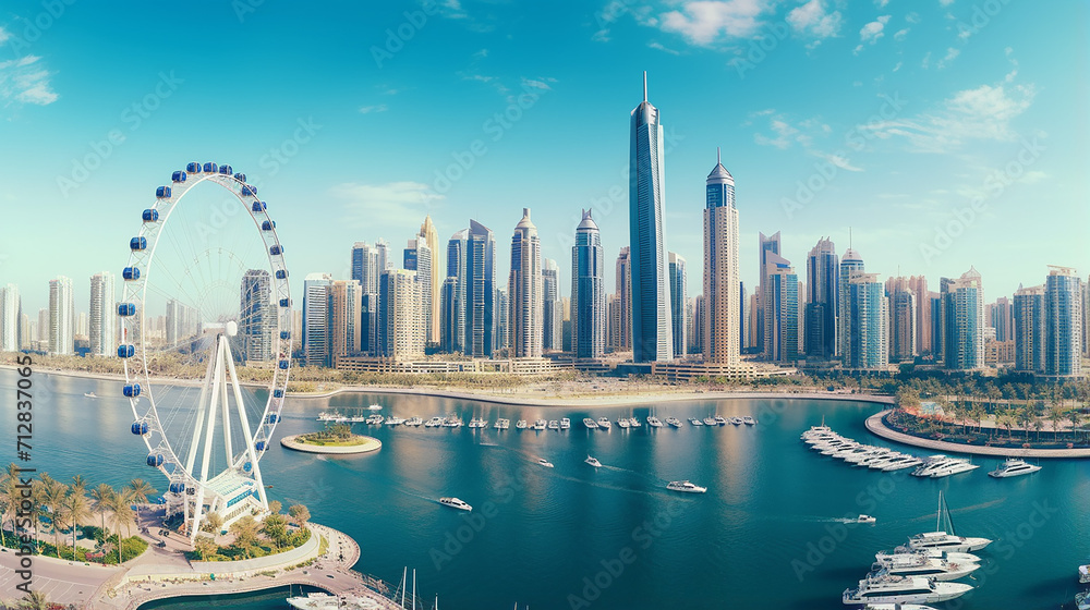 Fototapeta premium beautiful panoramic aerial view of Dubai Marina skyline with Dubai Eye ferris wheel