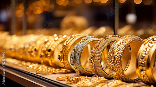 rows of gold jewelry as a backdrop in a jewelry store photo