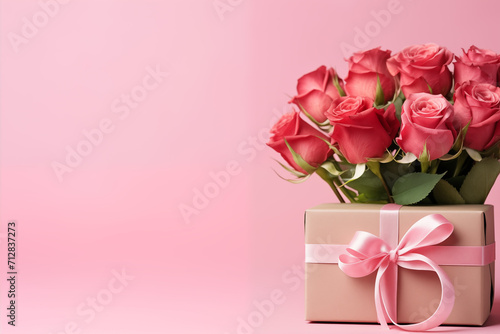 a bouquet of red roses on a pink background with a gift for Valentine's Day and with a place for text, a picture for Valentine's Day, generative AI © Paulina