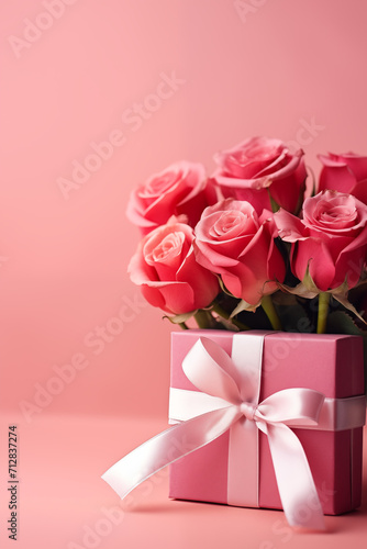 a bouquet of red roses on a pink background with a gift for Valentine's Day and with a place for text, a picture for Valentine's Day, generative AI © Paulina