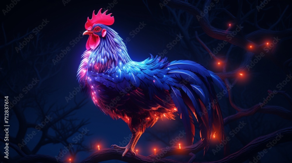 Fototapeta premium Hen Neon light animal standing in the tree AI Generated pictures