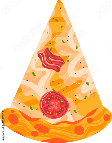 Pizza slice with cheese, tomato, and bacon toppings. Flat design food illustration, cartoon style. Delicious fast food, Italian cuisine vector illustration.
