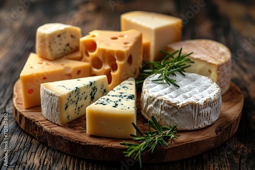 various types of cheese on rustic wooden table