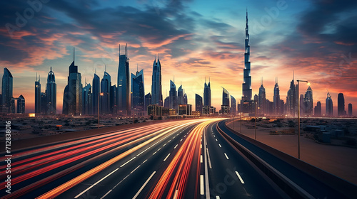 the view of the futuristic Dubai skyline and Syeikh Zayed with beautiful sunset sky photo