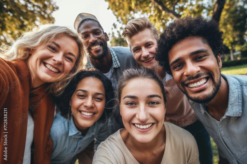 Diverse group of people smiling in joy in the park, a unique crowd, ethnic diversity, different cultures, family, multicultural friends, cultural mixing pot, professional portrait photo
