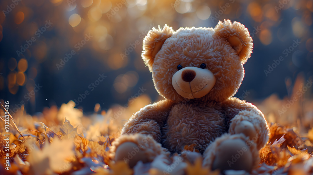Teddy bear sitting among fallen leaves with a golden sunset backlight, autumn mood Teddy bear sitting among fallen leaves with a golden sunset backlight, autumn mood