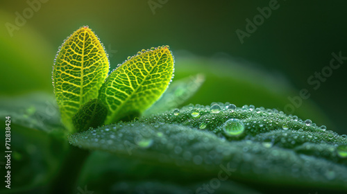 A close-up of a green leaf with glistening water droplets on its surface