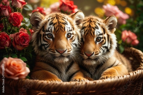 Jungle Gems: Tiger Cubs Nestled Among Roses
