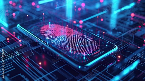 A concept of a futuristic holographic cyber security technology using finger prints and biometric data on a smartphone. photo