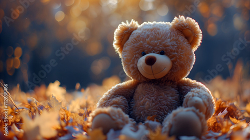 Teddy bear sitting among fallen leaves with a golden sunset backlight, autumn mood © Sunshine Design
