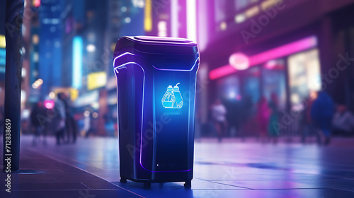 a close-up of neon recycle bin in the street, futuristic graphic