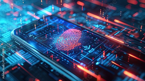 A concept of a futuristic holographic cyber security technology using finger prints and biometric data on a smartphone. photo