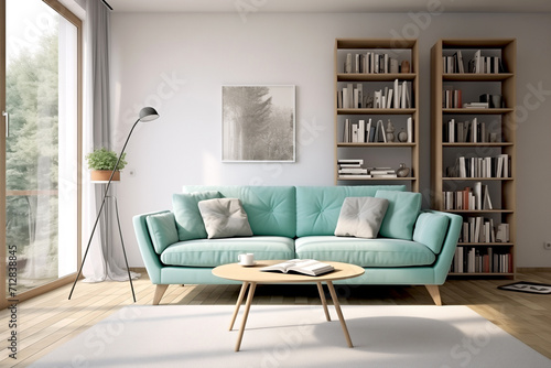 Modern living room interior design scandinavian style, aqua green sofa, round coffee table, lamp and bookshelf with books with piece of carpet on wooden floor © polarbearstudio