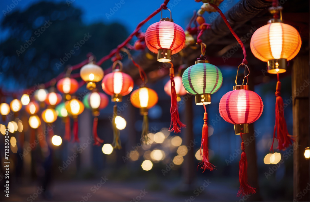 Colorful Chinese New Year Lanterns on temple cozy evening with copy space wallpaper Colorful Chinese New Year Lanterns on temple cozy evening with copy space wallpaper