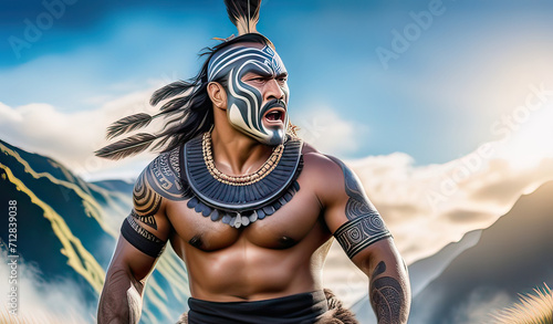 abstract portrait of an aboriginal warrior with traditional tatoos and painting, strong and fit, natural background