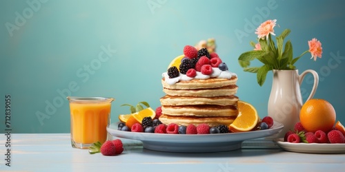 Healthy breakfast and cake on a pastel table.