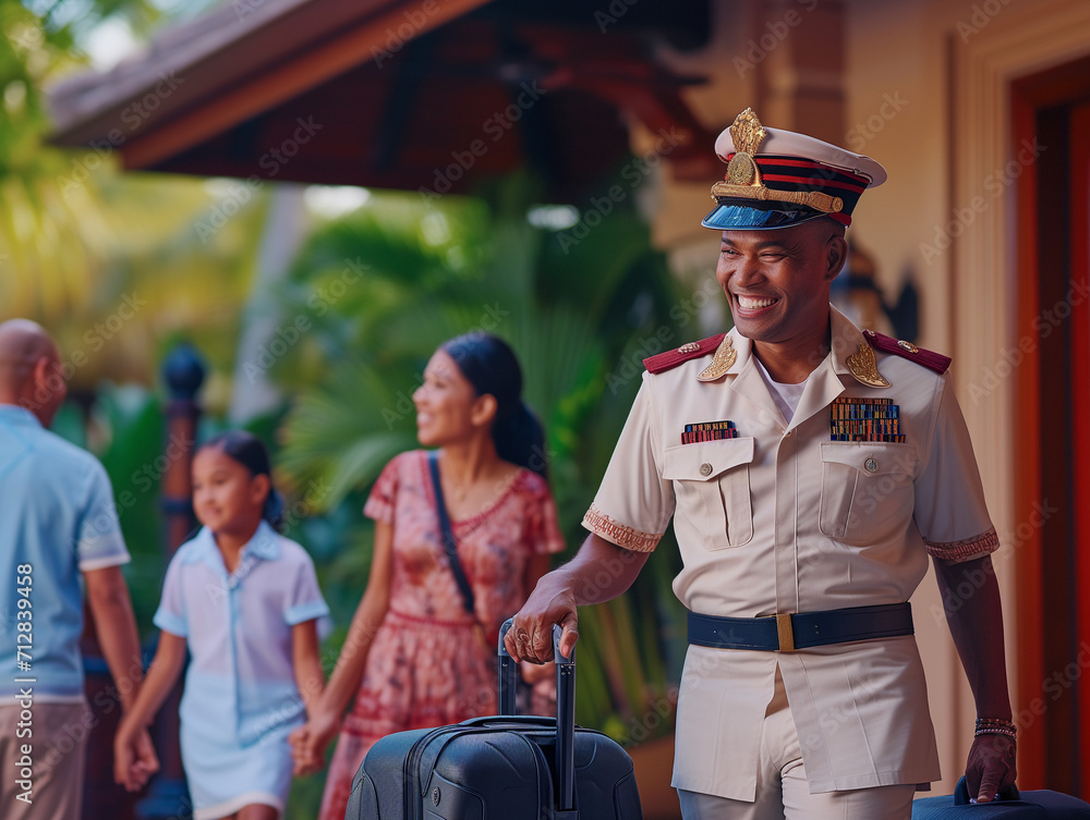 A Photo Of A Porter In A Traditional Uniform Cheerfully Assisting A Family With Their Luggage At A Resort