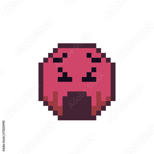 Shocked emoticon pixel art red face with open mouth, slack jaw indignant smiley cartoon character 8-bit style. Isolated abstract vector illustration.