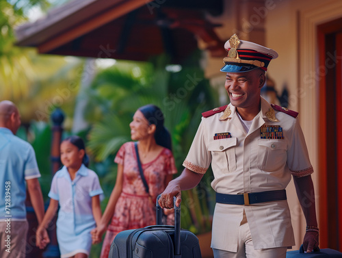 A Photo Of A Porter In A Traditional Uniform Cheerfully Assisting A Family With Their Luggage At A Resort