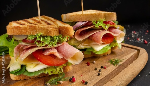 Dos sandwiches de vegetales y jamón serrano con lechuga y pepinillos photo