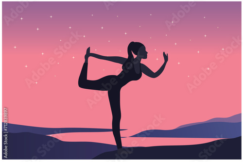 Beautiful woman doing yoga exercise on the beach vector illustration. Health lifestyle workout concept © panchanok