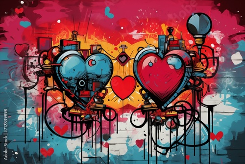 colorful hearts in graffiti style for Valentine's Day, Valentine's Day postcard, generative AI © Paulina