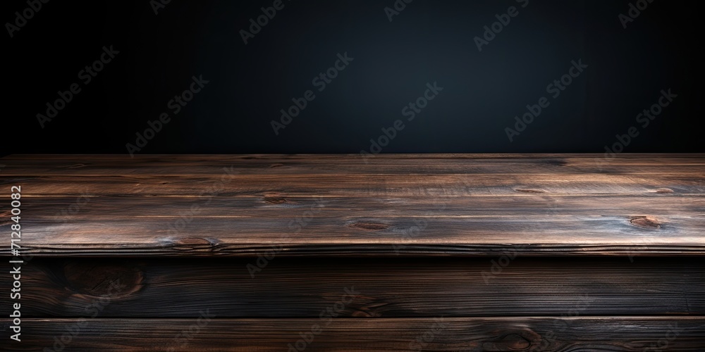 Dark wooden tabletop on black background, suitable for displaying or showcasing your products. Dark wooden tabletop on black background, suitable for displaying or showcasing your products.