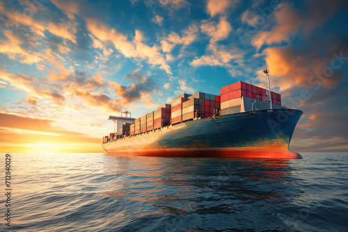 Floating in ocean are colorful cargo containers loaded into an industrial cargo container ship AI Generation